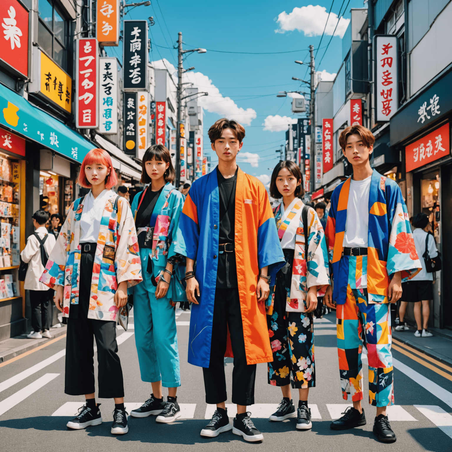 Collage of vibrant Harajuku street fashion, featuring young people in colorful streetwear and modernized kimono styles against the backdrop of Takeshita Street