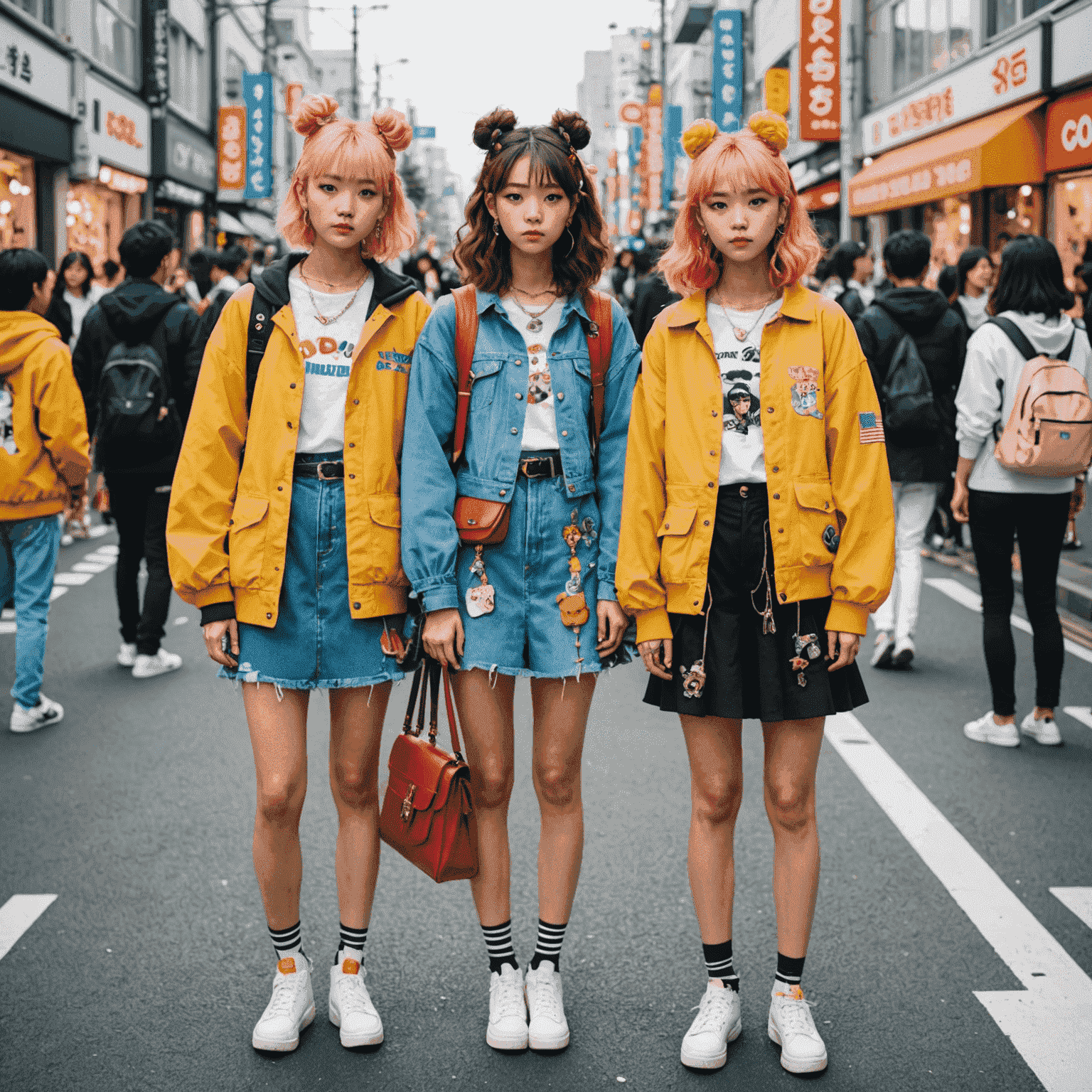 Harajuku street with diverse fashion styles, showcasing colorful outfits, unique accessories, and trendy hairstyles
