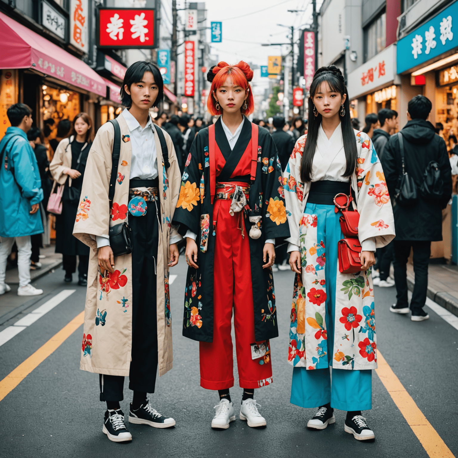 Colorful street in Harajuku with young people wearing vibrant, eclectic outfits mixing traditional and modern elements. Visible trends include oversized streetwear, bold accessories, and reimagined kimono styles.