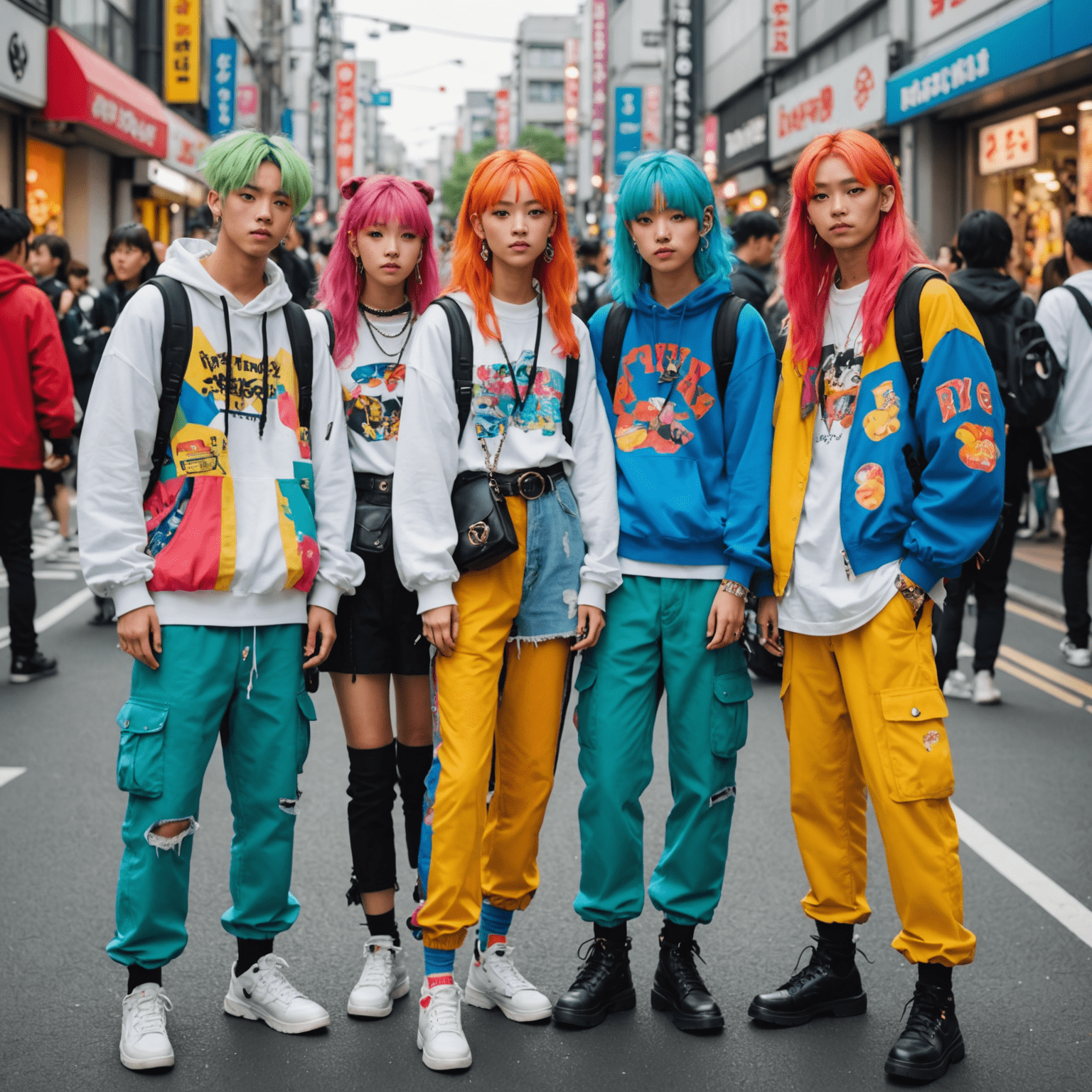 A group of young people in Harajuku showcasing various colorful and eclectic street style outfits, including oversized streetwear, bold accessories, and vibrant hair colors