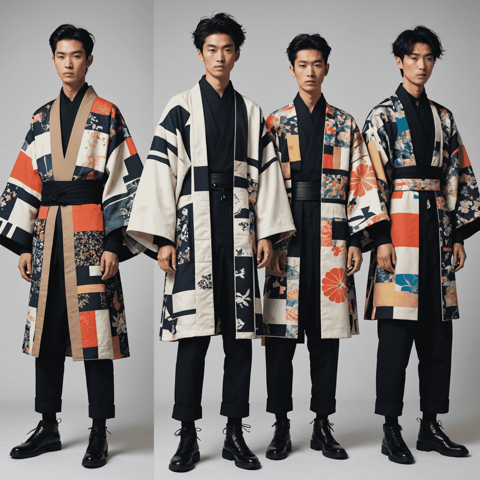 A collage of innovative Japanese fashion designs featuring avant-garde streetwear and modern kimono interpretations. The image showcases a mix of bold patterns, unconventional silhouettes, and a fusion of traditional and contemporary elements.