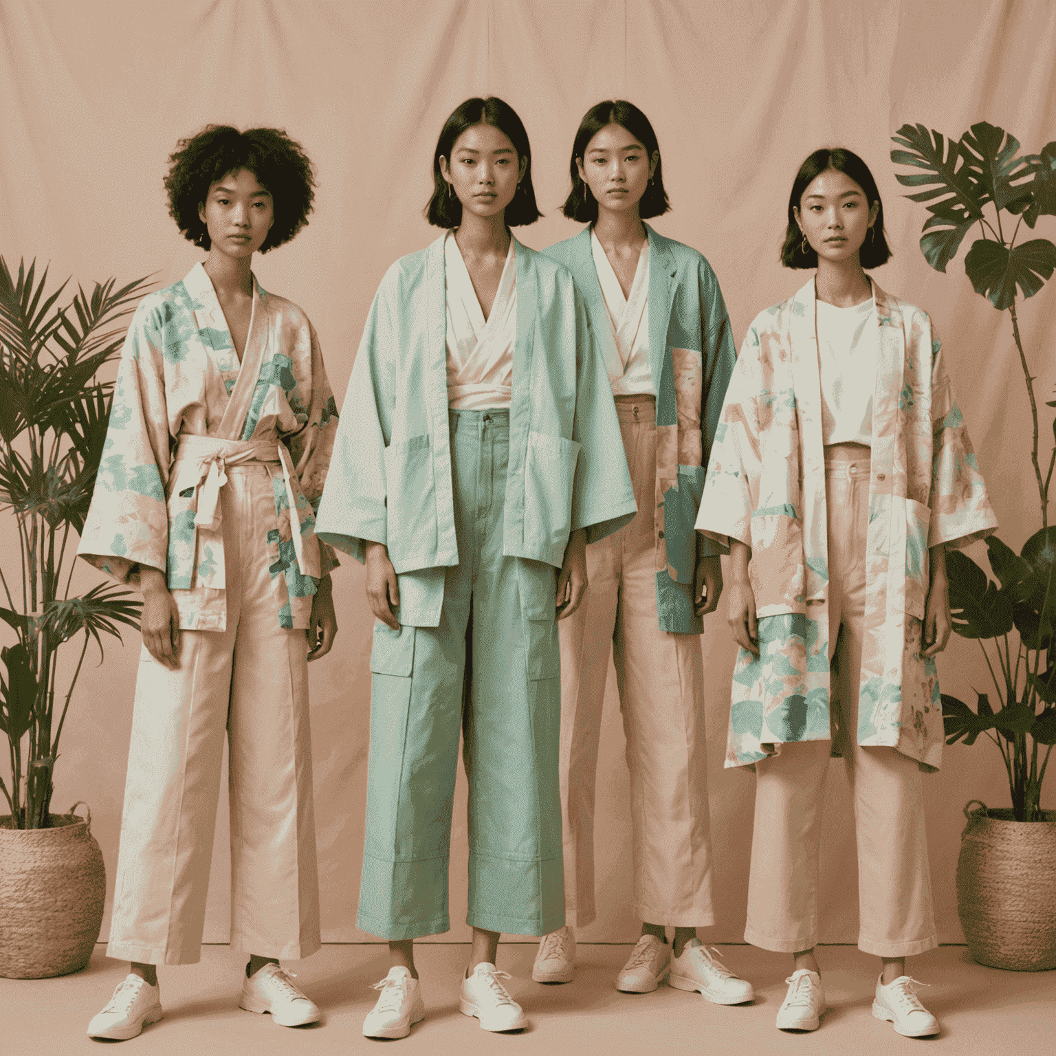 A collage of sustainable Japanese fashion items including upcycled kimonos, eco-friendly streetwear, and models wearing clothing made from recycled materials. The image has a soft, pastel-colored overlay.