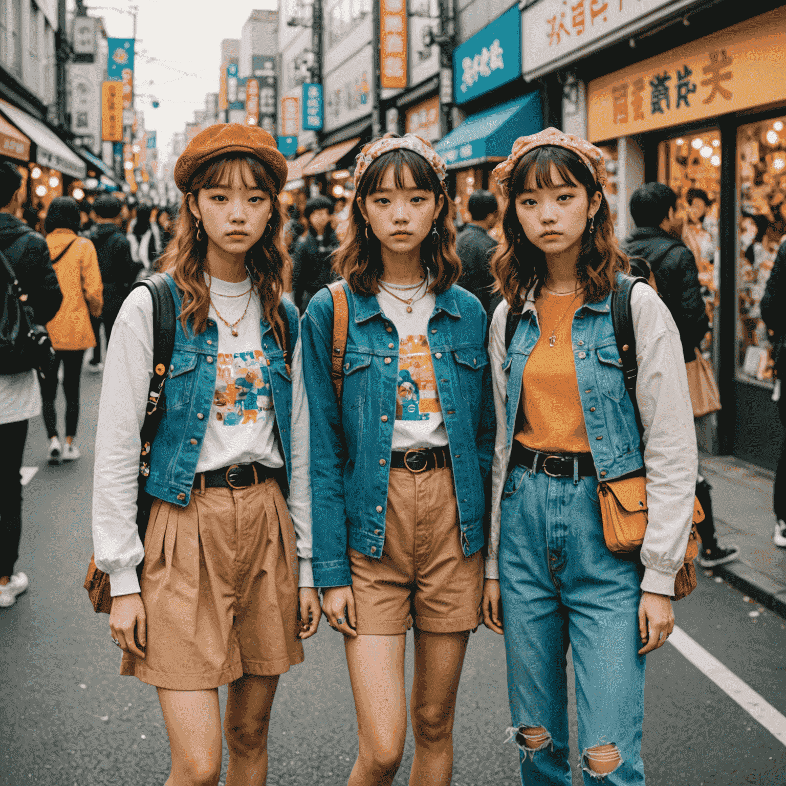Colorful Harajuku street scene with young people wearing eclectic, budget-friendly outfits mixing vintage, DIY, and trendy elements