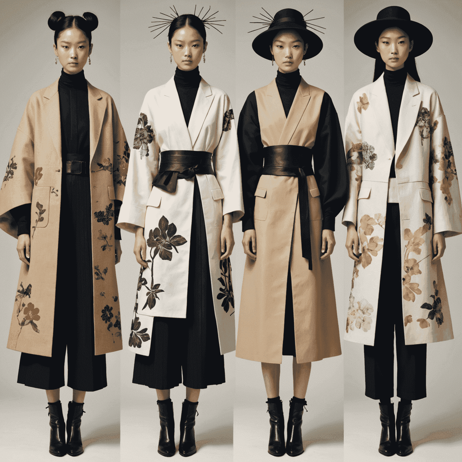 Collage of emerging Japanese fashion designers' work, showing innovative designs, avant-garde silhouettes, and fusion of traditional and modern elements