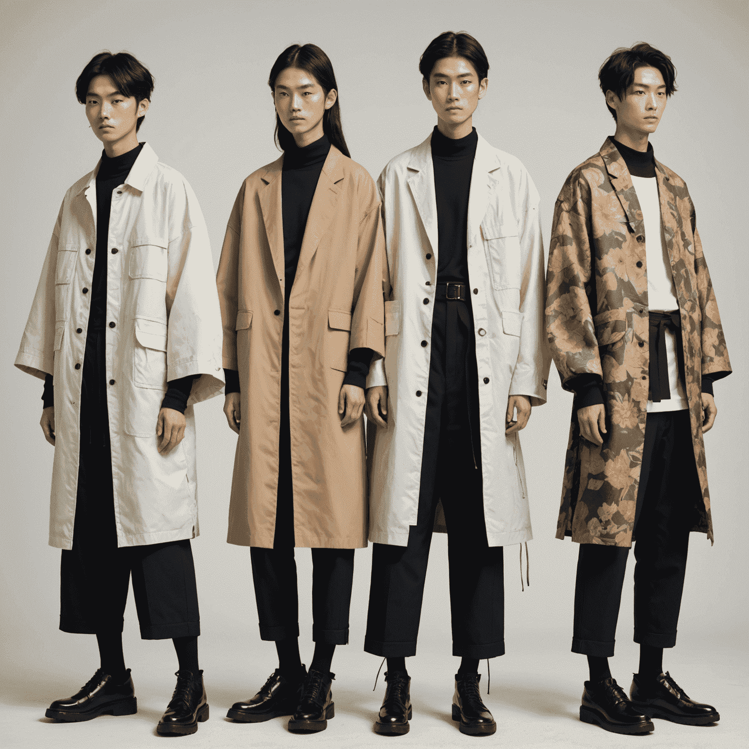 Collage of fashion designs by up-and-coming Japanese designers, showcasing innovative cuts, sustainable materials, and a fusion of traditional Japanese elements with modern streetwear aesthetics.
