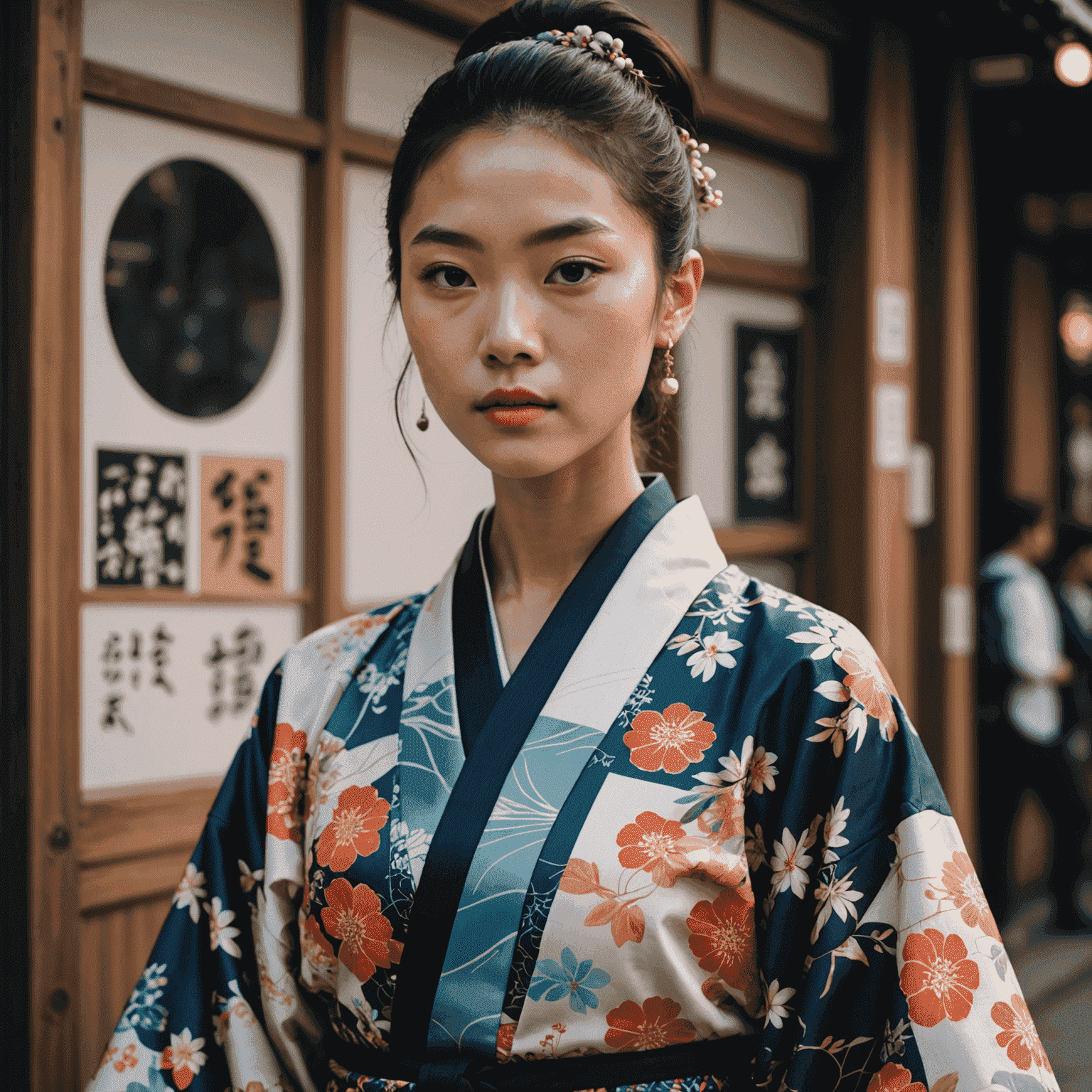 A close-up of a person wearing a modern kimono-inspired outfit with traditional patterns mixed with contemporary streetwear elements