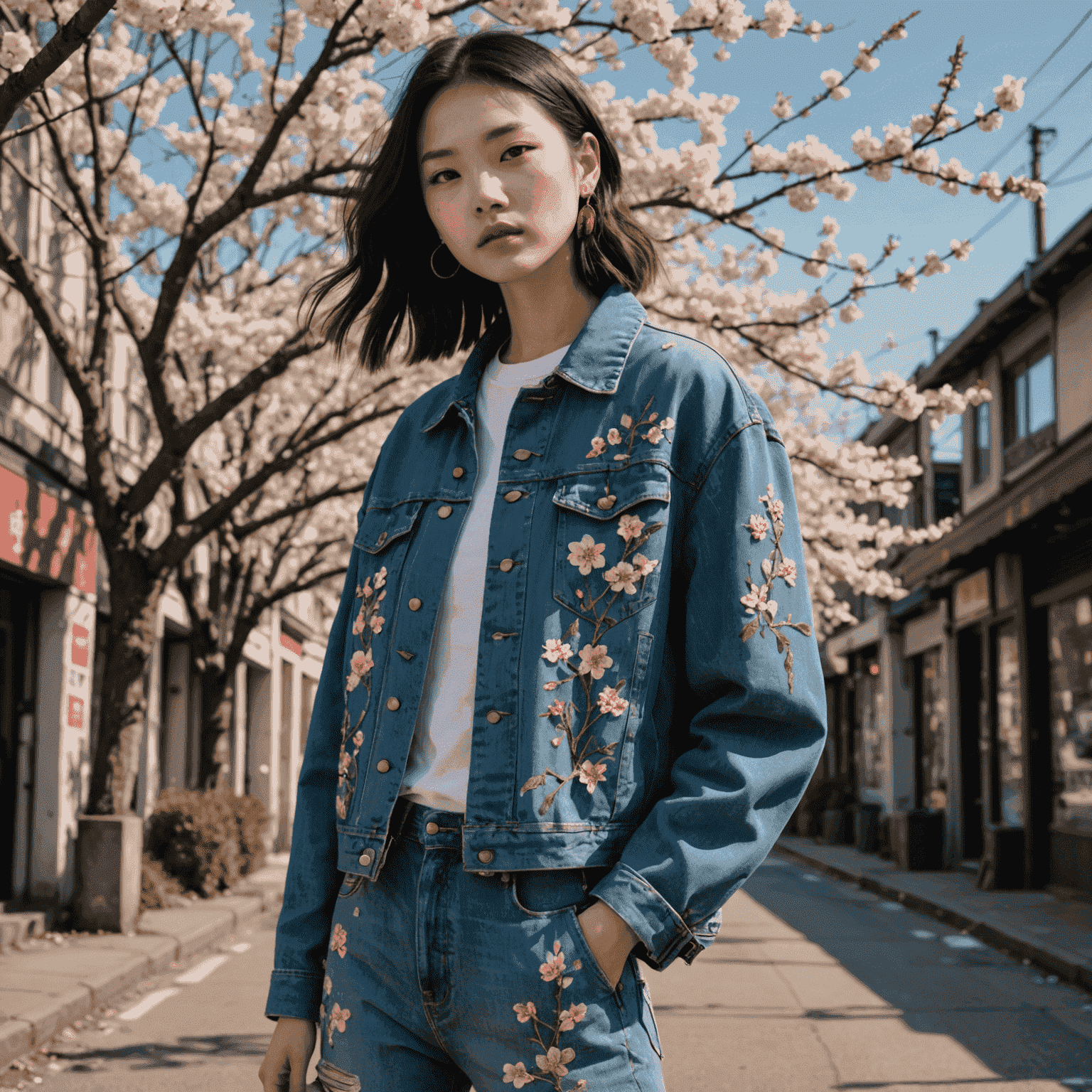 A model wearing Yuki Tanaka's 'Urban Bloom' design - an oversized denim jacket with intricate embroidery and painted cherry blossoms, paired with distressed wide-leg jeans.