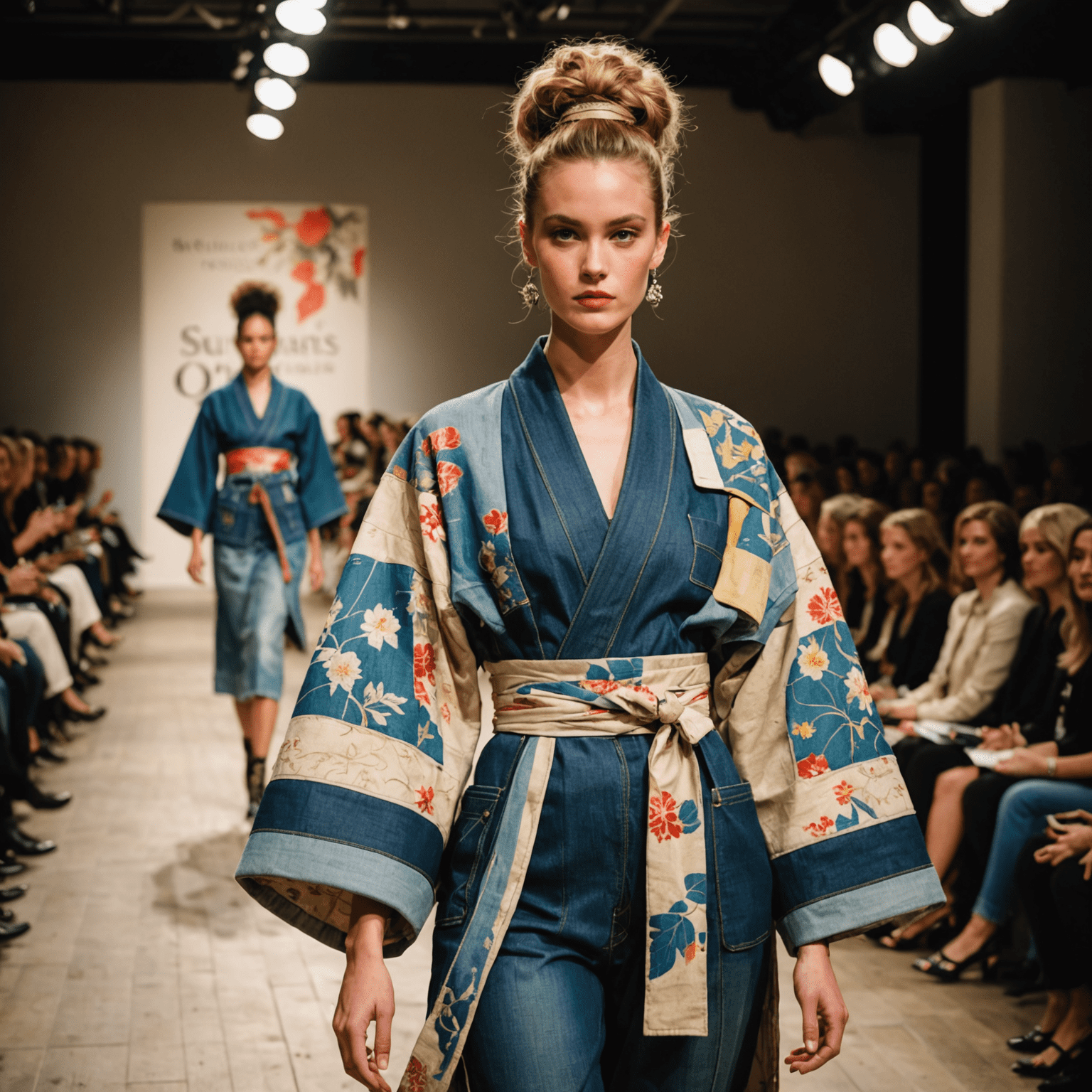 A fashion show featuring models wearing upcycled clothing. The runway is decorated with recycled materials, and the clothing showcases innovative designs made from transformed kimonos, repurposed denim, and other upcycled fabrics.