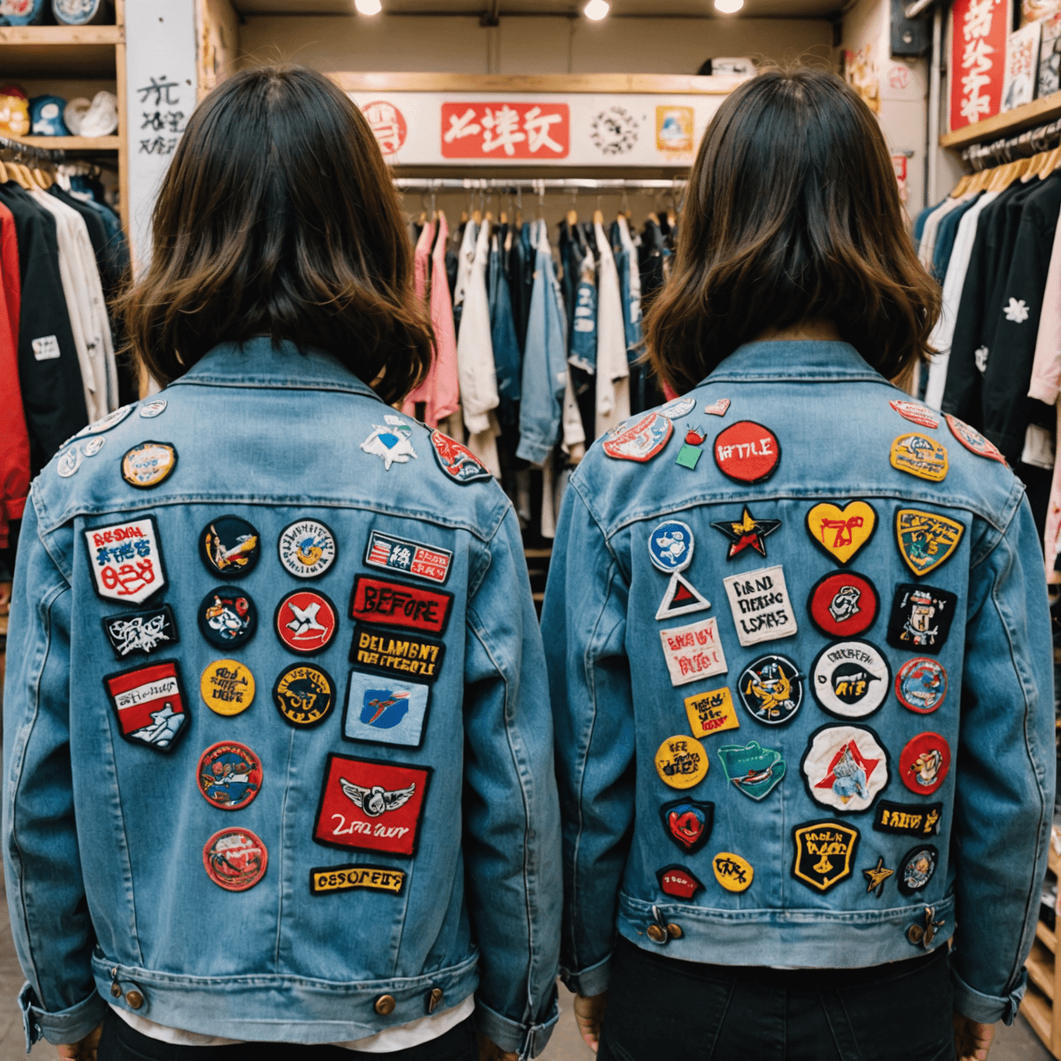 Before and after images of a plain denim jacket transformed with colorful patches, pins, and hand-painted designs in Harajuku style