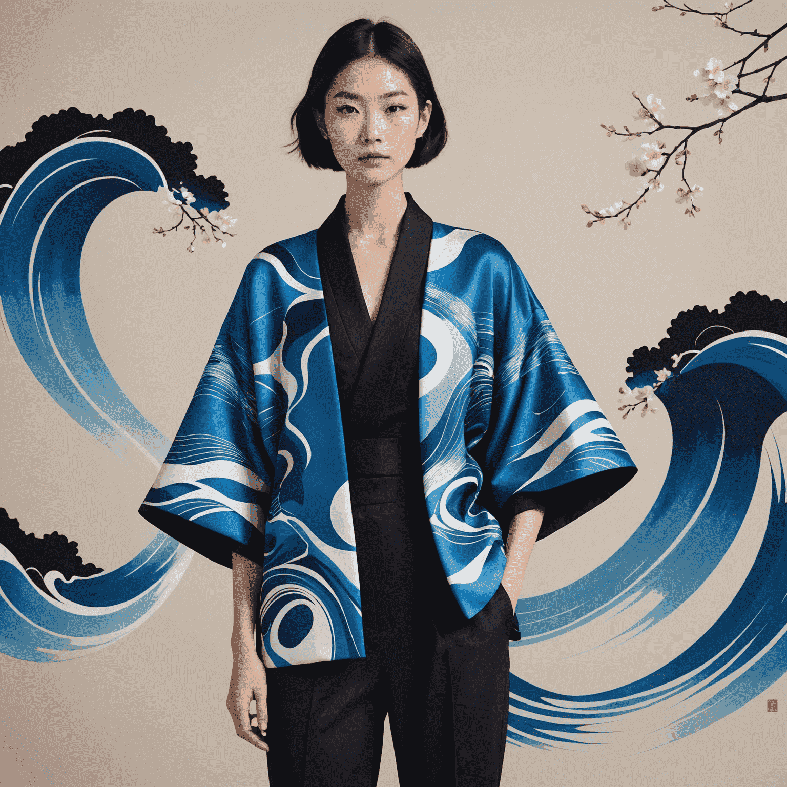 A model showcasing Sakura Ito's modern kimono design - a short, vibrant blue kimono-style jacket with abstract wave patterns, worn over sleek black trousers and paired with minimalist accessories.