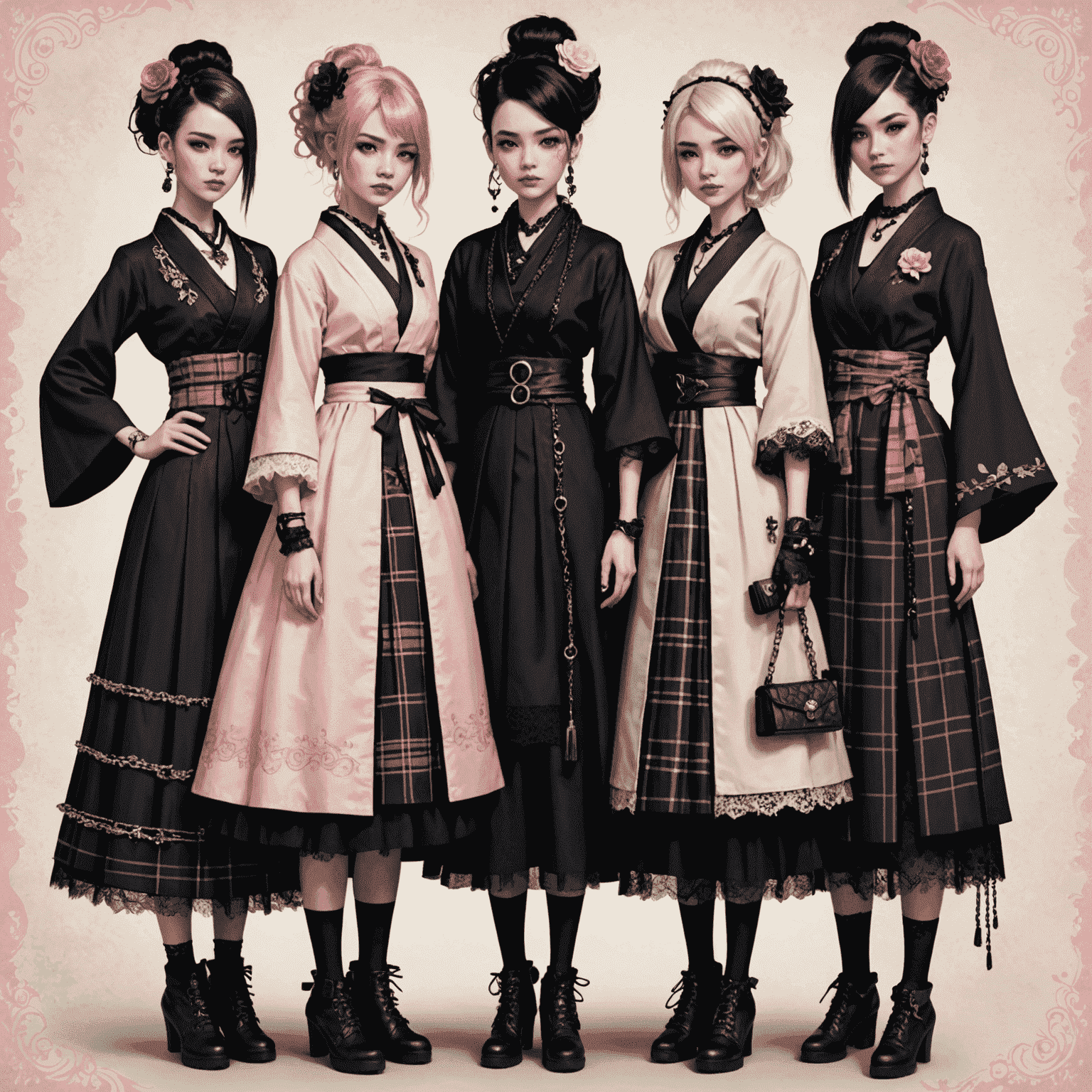 A group photo showcasing different Lolita substyles side by side. From left to right: Sweet Lolita in a pink cupcake dress, Gothic Lolita in black lace, Classic Lolita in a cream tea-length dress, Punk Lolita with tartan and chains, and Wa Lolita in a kimono-inspired coordinate.