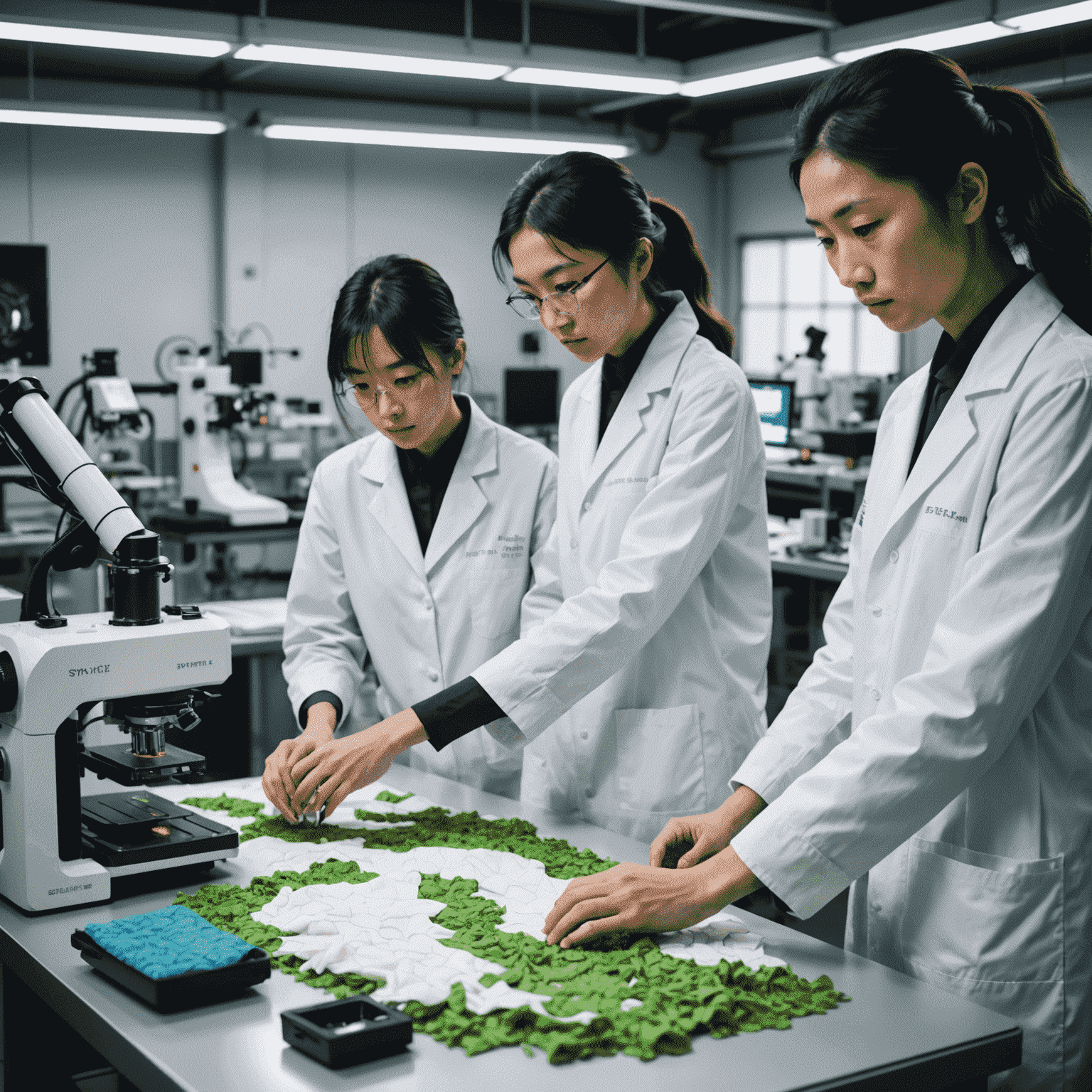 A futuristic fashion laboratory where designers are working with high-tech sustainable materials. The image shows people in lab coats examining fabrics made from agricultural waste, while 3D printers create accessories from recycled plastics. Traditional Japanese textile artisans are seen collaborating with modern designers, symbolizing the fusion of tradition and innovation in sustainable Japanese fashion.