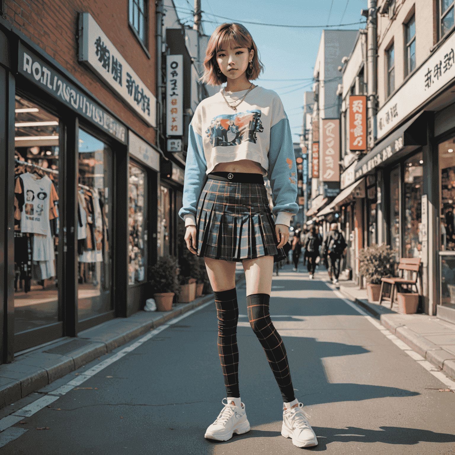 A stylish Harajuku outfit featuring multiple layers: a graphic tee under a cropped sweater, paired with a plaid skirt over colorful leggings, and platform sneakers