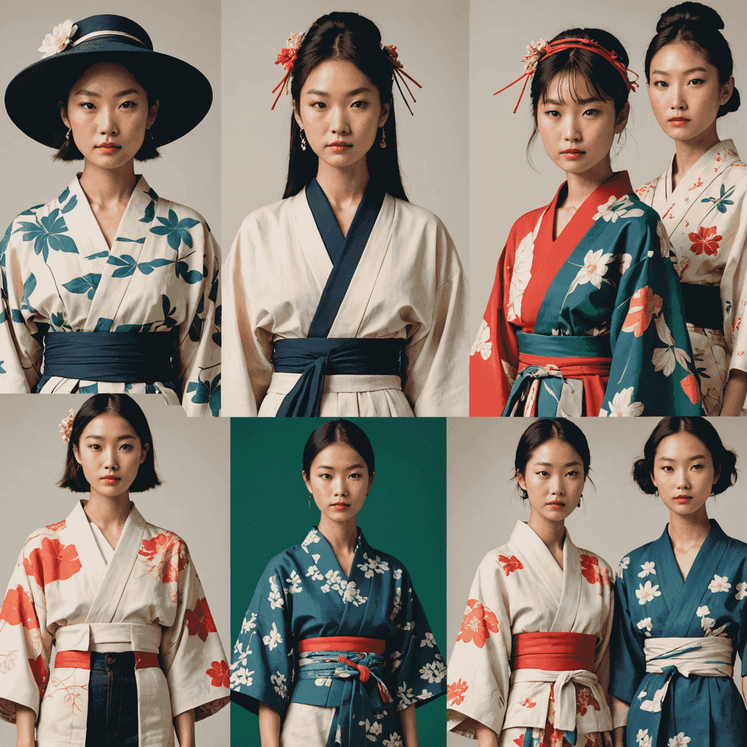Montage of eco-friendly Japanese fashion items and practices, including upcycled kimono fabric accessories, zero-waste pattern cutting, and models wearing sustainable streetwear made from recycled materials.