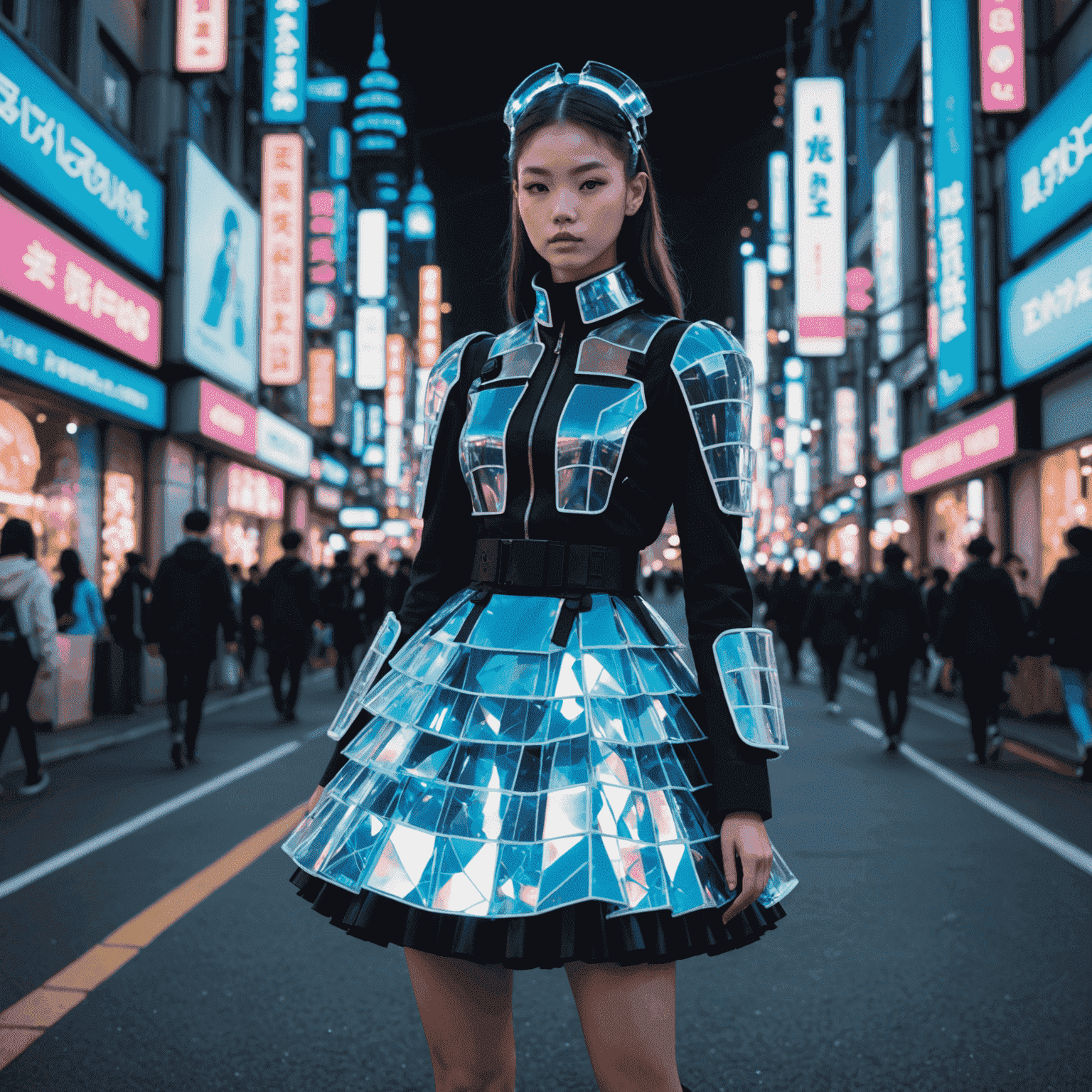 A futuristic interpretation of Lolita fashion. The image shows a model in a high-tech Lolita coordinate with LED-embedded fabrics, 3D-printed accessories, and a holographic petticoat. The background suggests a blend of traditional Harajuku street and a sci-fi cityscape.