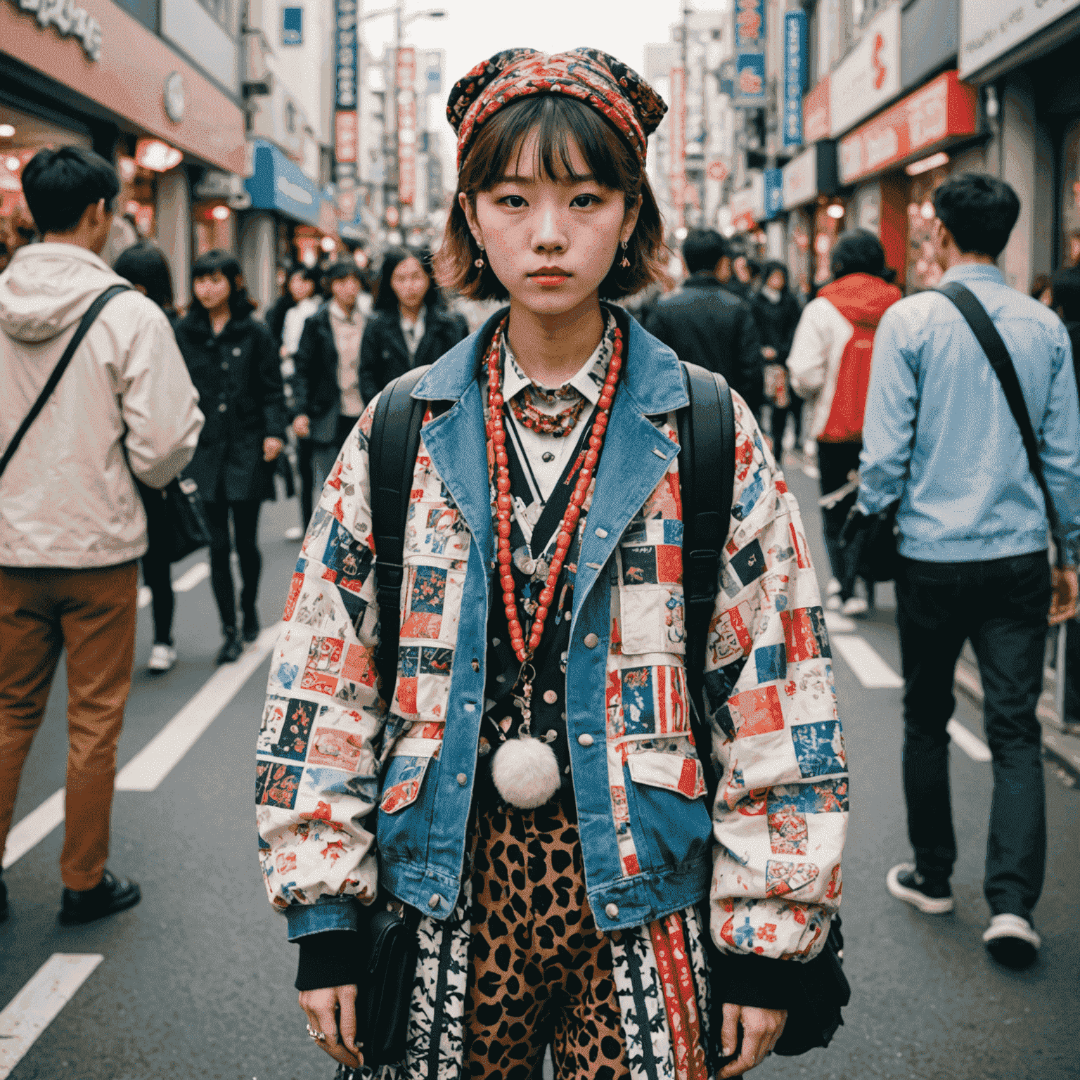 A person wearing a mix of different patterns and prints in one outfit, showcasing the bold pattern mixing trend in Harajuku