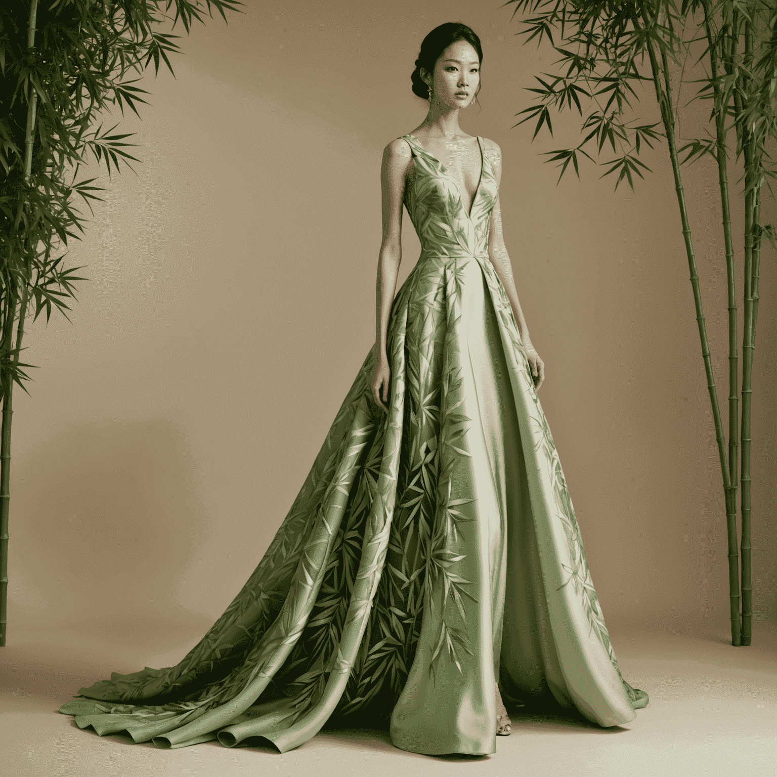 An elegant evening gown from Emi Suzuki's 'Eco Elegance' collection - a flowing, pale green dress made from bamboo silk with intricate leaf-like patterns, embodying natural beauty and sustainability.