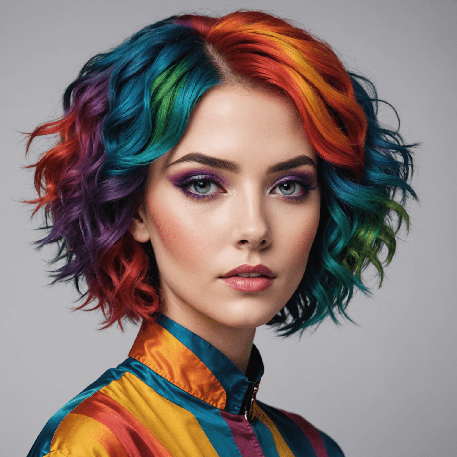 A person with vibrantly colored hair in multiple hues, styled in an avant-garde manner