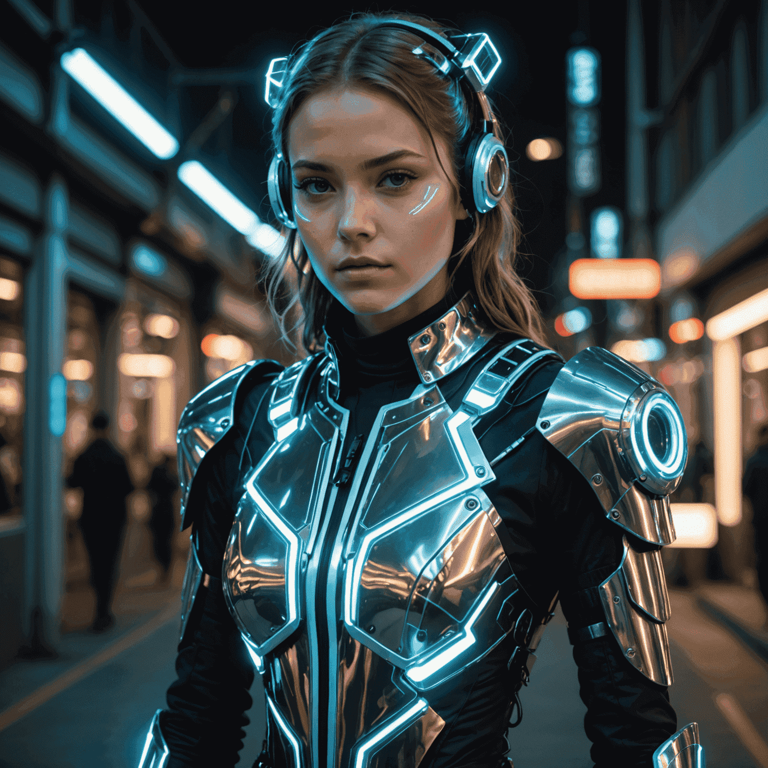 A person wearing a futuristic, tech-inspired outfit with LED accessories and metallic fabrics