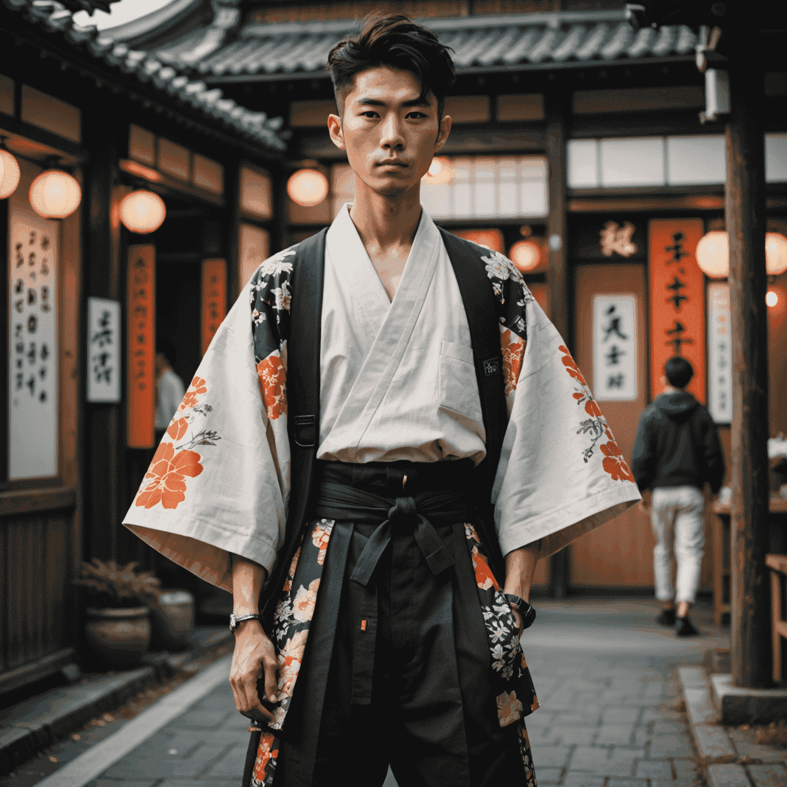 A person wearing an outfit that combines elements of traditional Japanese clothing with modern streetwear, showcasing the fusion of cultures