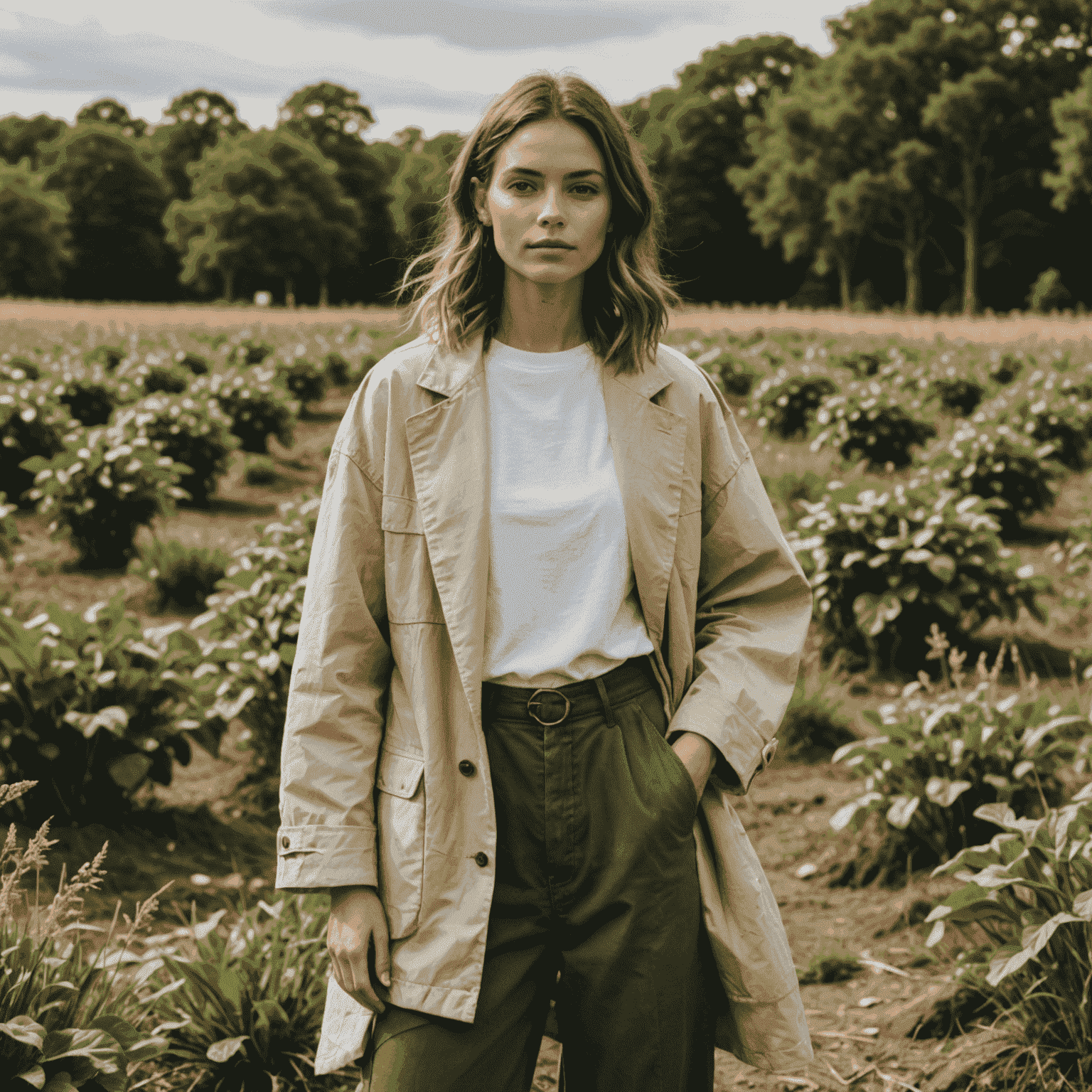 A person wearing sustainable and eco-friendly fashion pieces made from recycled materials, showcasing the trend towards environmentally conscious fashion