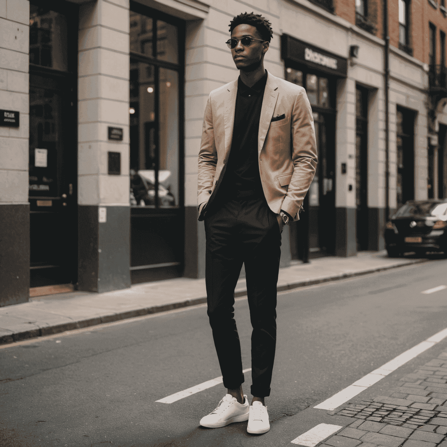 A person wearing an outfit that combines elements of formal wear with casual streetwear, such as a suit jacket with sneakers and graphic tees